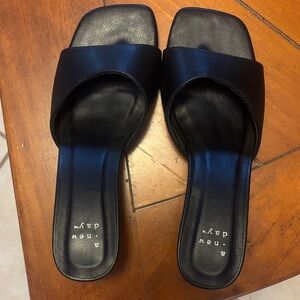 a new day Black Leather Slide Mules - Square Toe